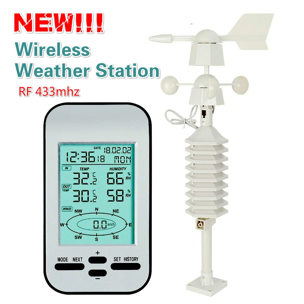PRO 433MHZ WIRELESS WEATHER STATION CLOCK WITH WIND SPEED & DIRECTION SENSOR