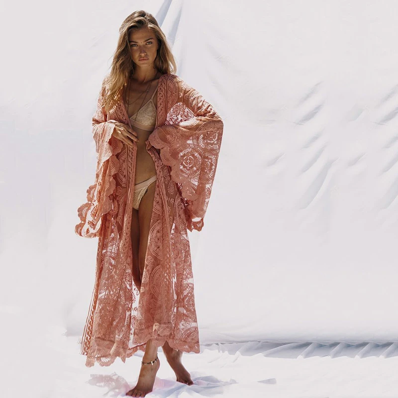 

Boho Maxi Dress for Women Long Sleeve Ladies Lace Long Section Cardigan Dress Women Swimsuit Cover Ups Beach Shawl Embroidery