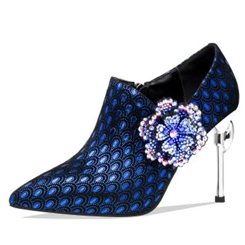 SIMLOVEYO/Демисезонные женские туфли с острым носком на тонком каблуке 9,5 см; Повседневные Вечерние туфли на молнии, украшенные цветами и бусинами, стразы; большие размеры 33-40; B1940 - Цвет: Blue