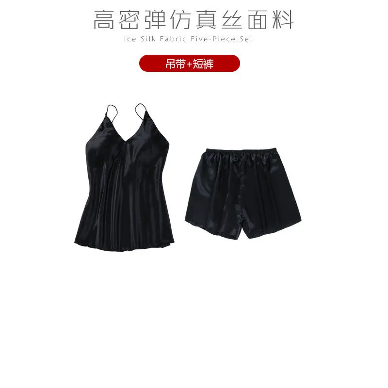 Новинка, 5 шт., кружевной сексуальный пижамный комплект с нагрудным подкладом, ночная рубашка+ штаны+ кардиган, комплект одежды для сна - Цвет: black 1