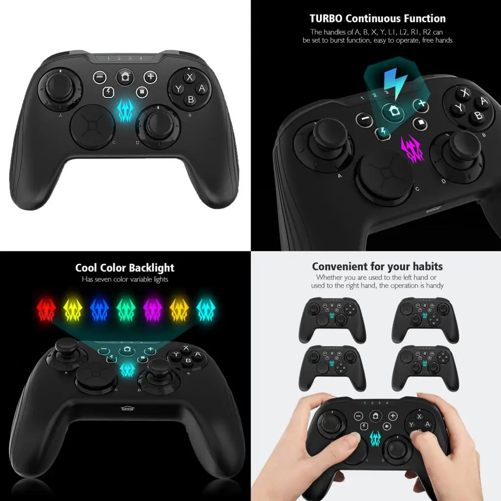 Game Controller Wireless Joystick Gamepad with Seven Variable Color Backlights for N-Switch with Data Cable, Black