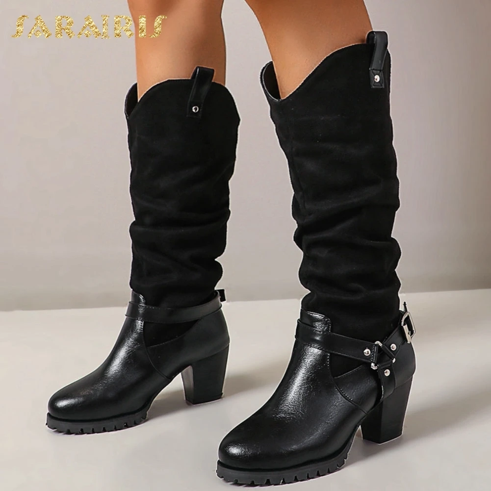 SARAIRIS Big Size 48 Top Quality Chunky Heels Retro Vintage Belt Buckle Slip On Winter Shoes Women Western Boots Female | Обувь