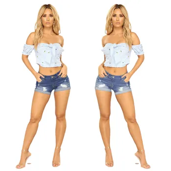 

Women Denim Summer Wear Blue Jeanswear Short Trousers Cuff Ripped Hot Shorts Pants