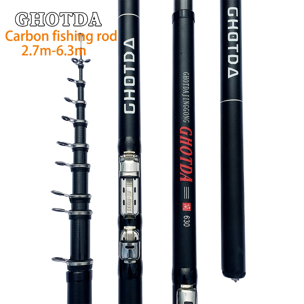 Ghotda pesca portátil 2.7m 3.6 4.5 5.4 6.3m vara de pesca resistente fibra carbono telescópica viagem mar barco rocha vara de pesca
