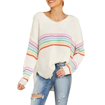 

Women Rainbow Stripe Knitting Sweater Shirt Blouse V Neck Long Sleeve Loose Tops JL