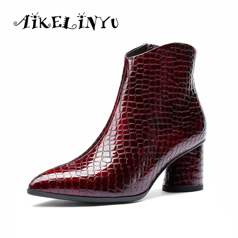 

AIKELINYU Stone Grain Women Ankle Boots Zip Pointed Toe Footwear Thick High Heels Female Boot Party Shoes Women 2019 New Winter