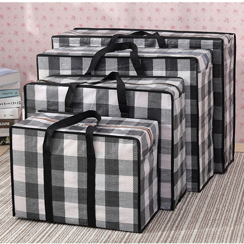 

PP Woven Material Bag Camping Moving Package Bag Quilt Clothes Storage Bag Students Dormistory Storage Package Grid Simple Style