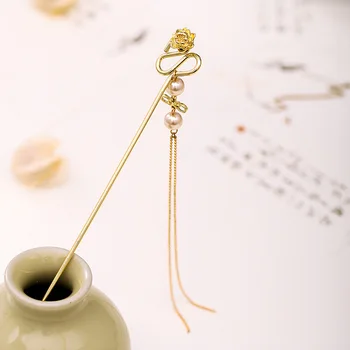 

FORSEVEN Luxury Simple Gold Color Simulated Pearls Long Tassel Hairpins Clips Hair Fork Sticks Chinese Hanfu Dress Headpieces
