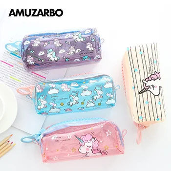 

Cartoon Unicorn Pencil Bag Cute Pink Blue White Purple Translucent PVC Waterproof Pen Case Kids Gift Stationery Pencil Cases