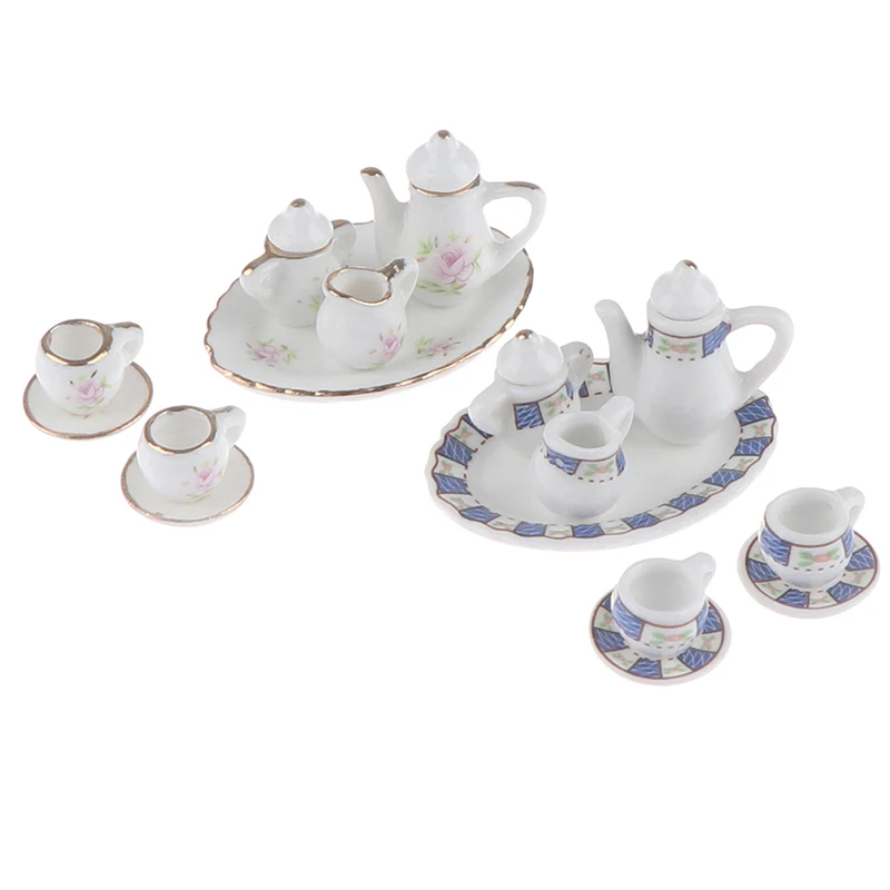 8pcs/set Dollhouse Miniature Porcelain Tea Cup Sets Mini Teapot Coffee Plate Play Kitchen Dining Tableware Toy 5