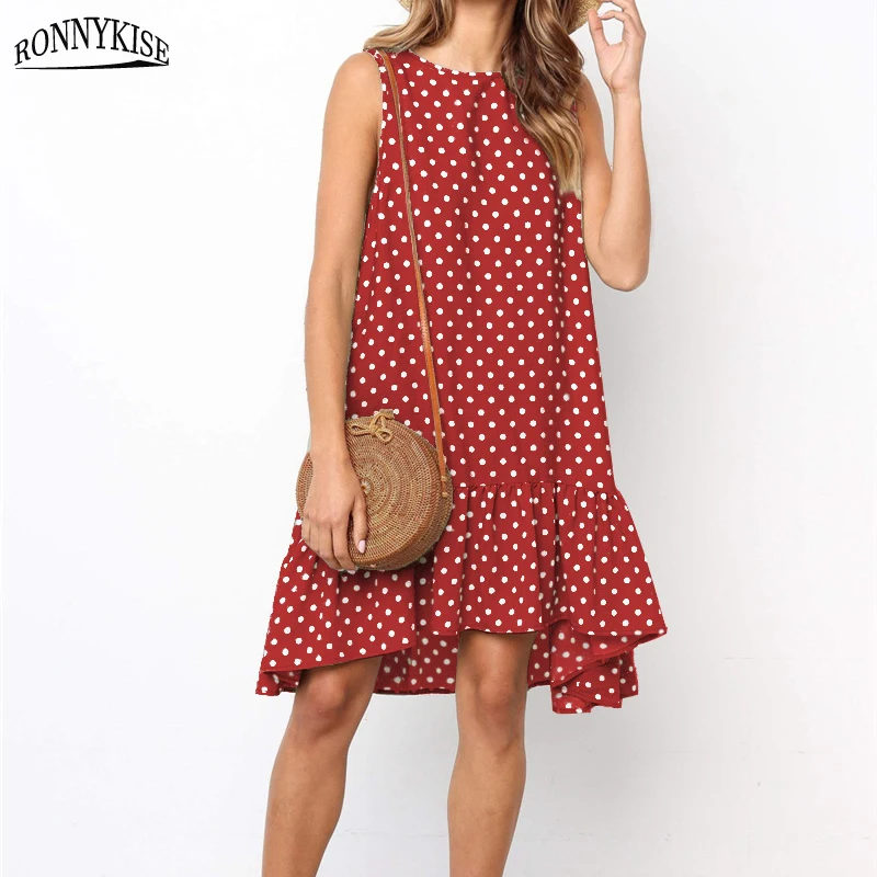 

RONNYKISE Ruffle Polka Dot Midi Dresses Womens Fashion Sexy Sleeveless A-line Dress Summer Casual Loose Dresses