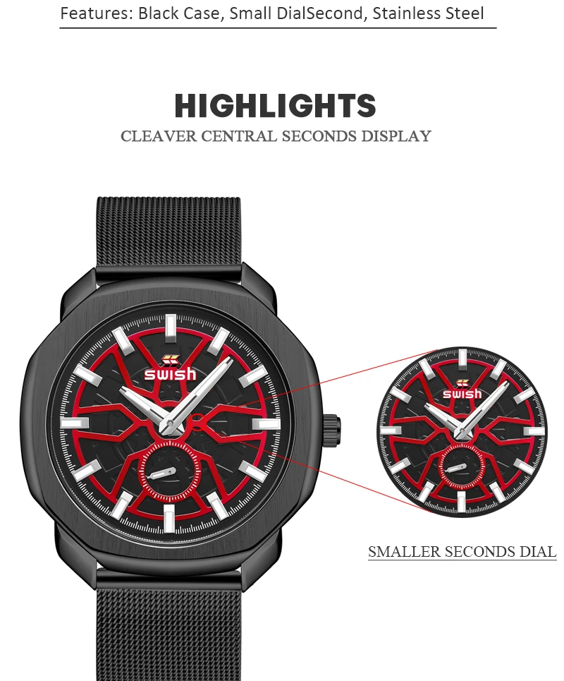 SWISH Brand Designer Quartz Watches Men Stainless Steel Dress Wristwatch 2021 New Fashion Milan Strap Small Second Dial Working