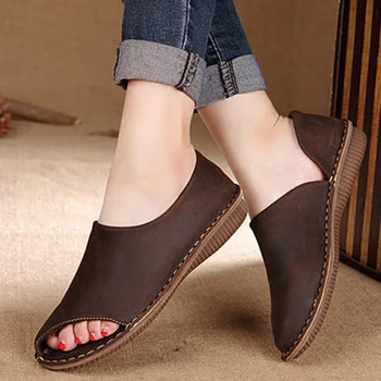 

Women Leather Sandals Peep Toe Summer Loafers Shoes Low Heels For Women Coffee Casual Soft Genuine Leather Women Sandals 2020