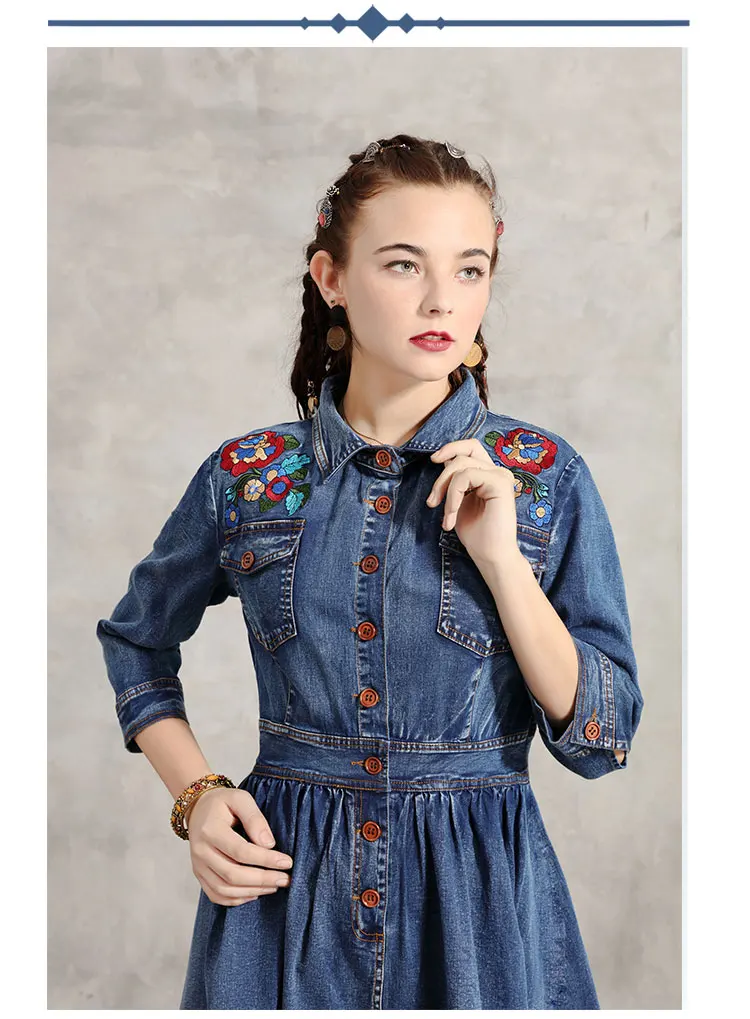 Женское платье Yuzi. may Boho новые джинсовые женские платья с отложным воротником Цветочная вышивка А-силуэта Vestidos A4917