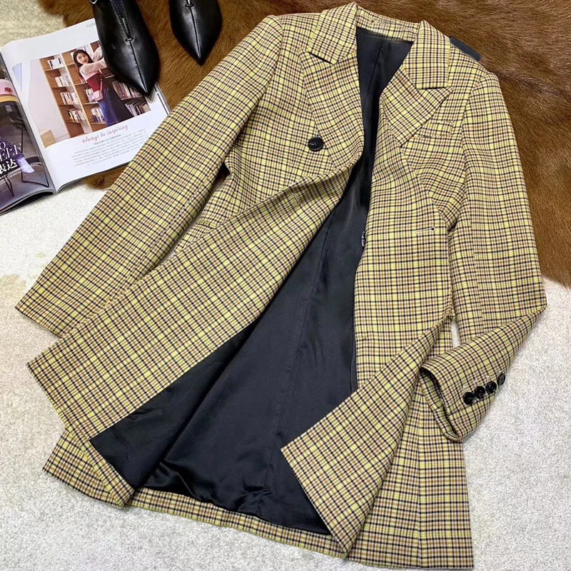 Новая Винтажная клетчатая куртка, Женская двубортная куртка с карманами, осенняя обычная, высокая, на выход, с длинным рукавом, Офисная верхняя одежда