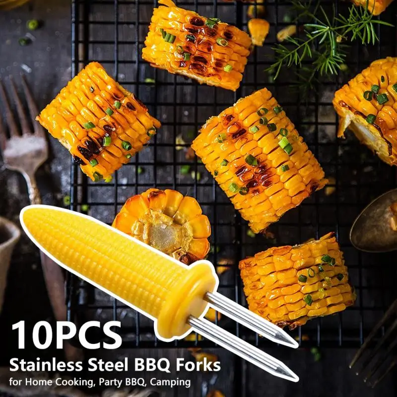 10 Pcs BBQ Fork Fruit for Home Camping Stainless Steel Corn Forks Barbecue on The Cob Ham Kitchen Cooking Party | Дом и сад