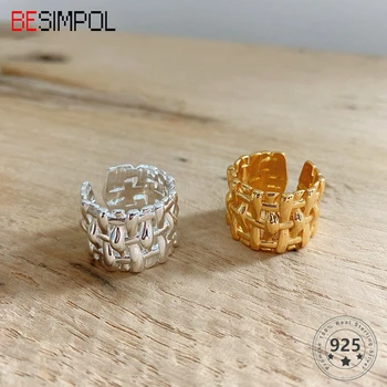

Besimpol 100% Real 925 Sterling Silver Rings Hyperbole Style Bamboo Weaving Exaggerated Ring For Women Fashion Fine Jewelry Gift