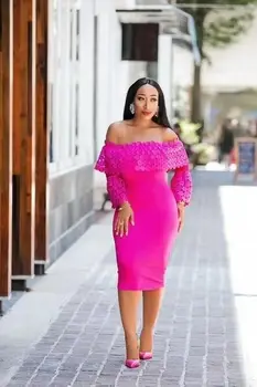 

High Quality Pink Long-Sleeve Lace Rayon Bandage Dress Evening Party Bodycon Dress