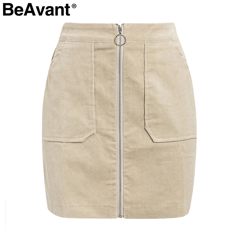 BeAvant Женская Вельветовая Осенняя юбка с высокой талией на молнии офисные короткие юбки зимние женские повседневные уличные прямые мини юбки