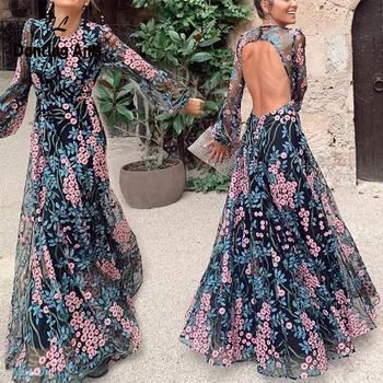 

Party Dress Long Sleeve O-neck Backless Sexy Dresses European Vintage Floral-Printed Female Floor-length Vestidos 2020 Spring