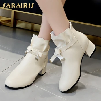 

Brand New Sweet Ruffles Knot Square Heels Trendy Stylish Ankle Boots Office Lady Shoes Women Boots Female