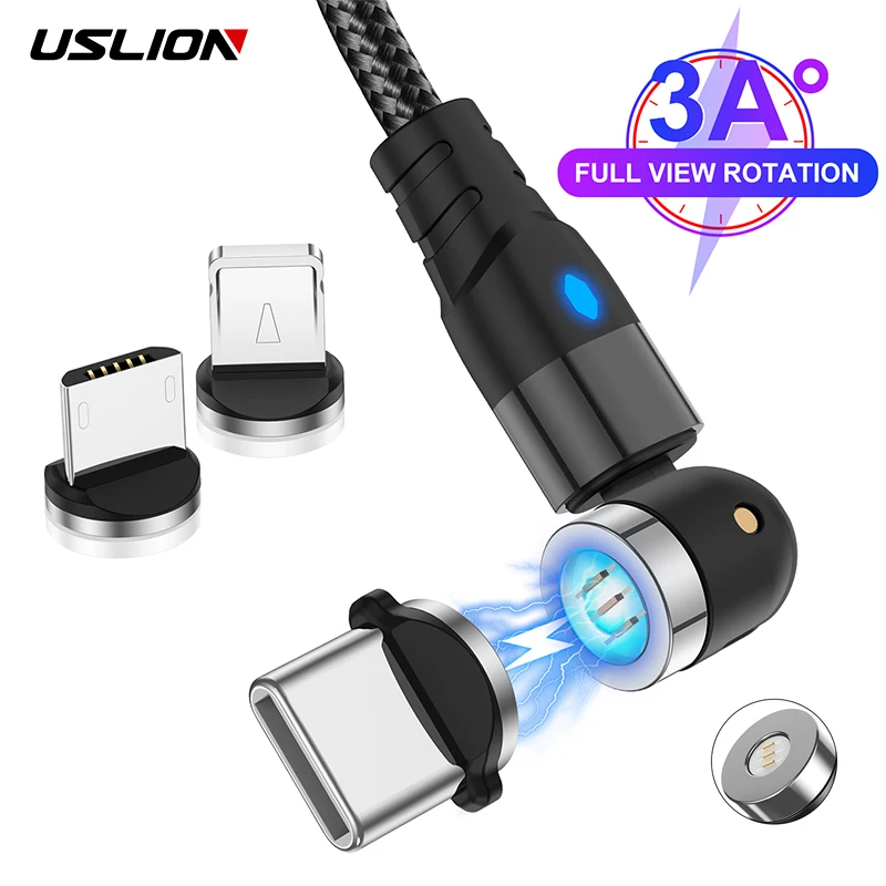 Магнитный кабель USLION с поворотом на 540 градусов Micro USB Type C магнитный 3A для быстрой