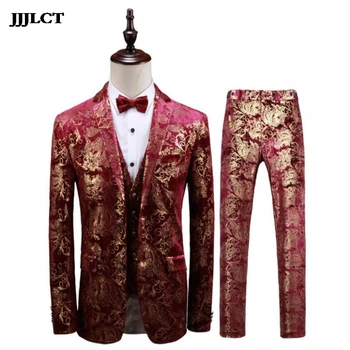 

2019 spring new three-piece robes men's suit suit large size coat nightclub hosted performance dress