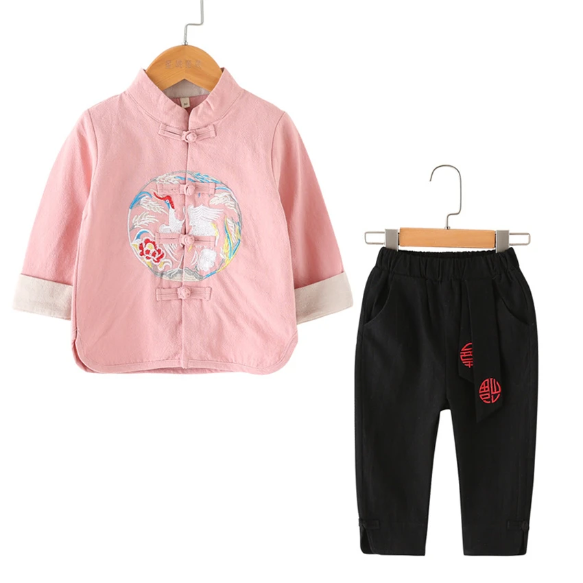 10Color New Kids Chinese Tang Suit Traditional Chinese Shirt Clothing for Baby Boys Flax Coat Kung Fu Outfit Top Pant Set