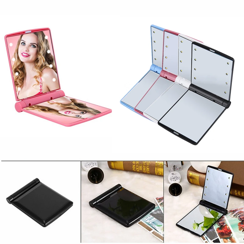 

8 LED Lights Makeup Mirror Foldable Double Pocket Mirror Vanity Cosmetic Illuminated For Girls Make Up Folding Mirrors Drop Ship