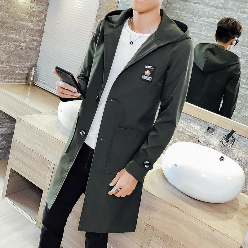  Men's coat long spring and autumn windbreaker men's new hooded jacket brand clothing men's slim cas