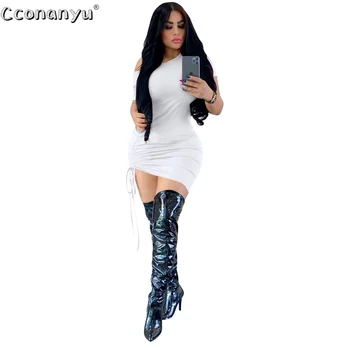 

Summer Short Sleeve Women 2020 Sexy One Shoulder Drawstring Ruched Bodycon Dress Woman Mini Bandage Party Night Club Dresses