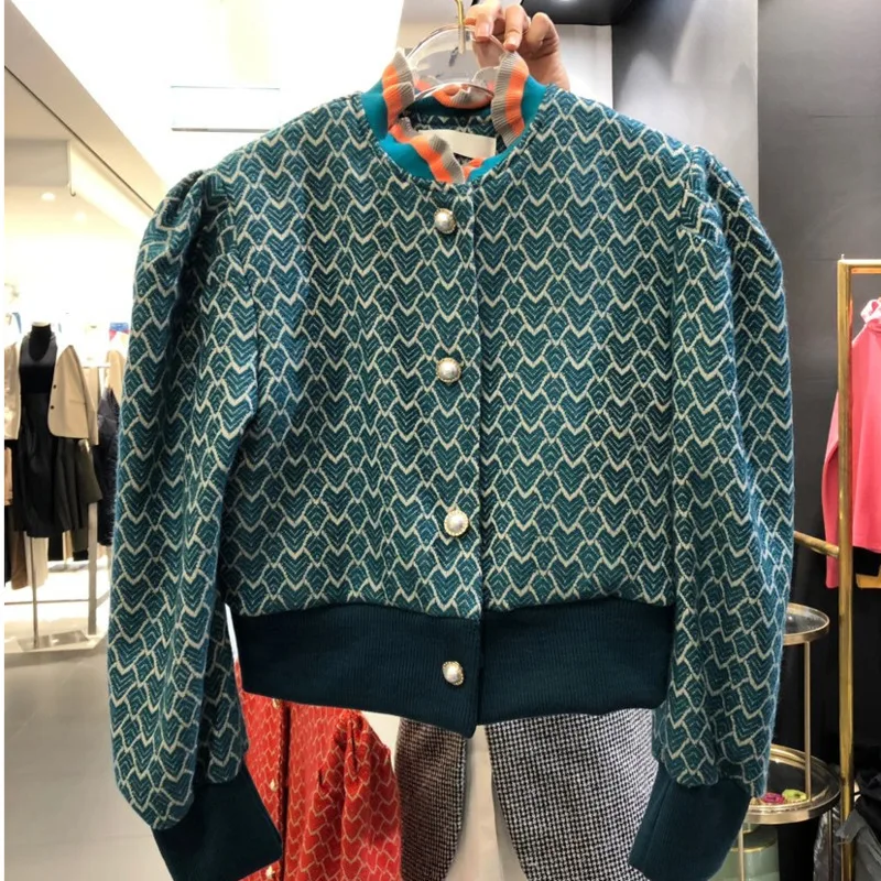 

2020 Autumn and Winter New Fashion Lace Stand Collar Collar Pearl Button Loose Short Jacket Ladies Patchwork Warm Queen Jacket
