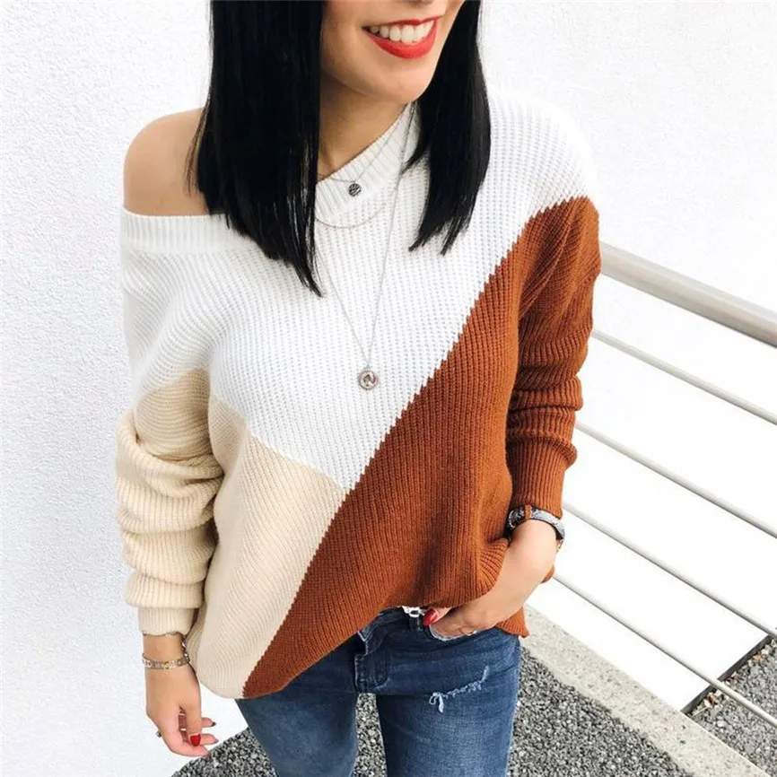 

Sweters Women Inviern Women Colorblock Strapless Long Sleeve Knitted Sweater Jumper Pullover Blouse Loose Casual Thin Sweater