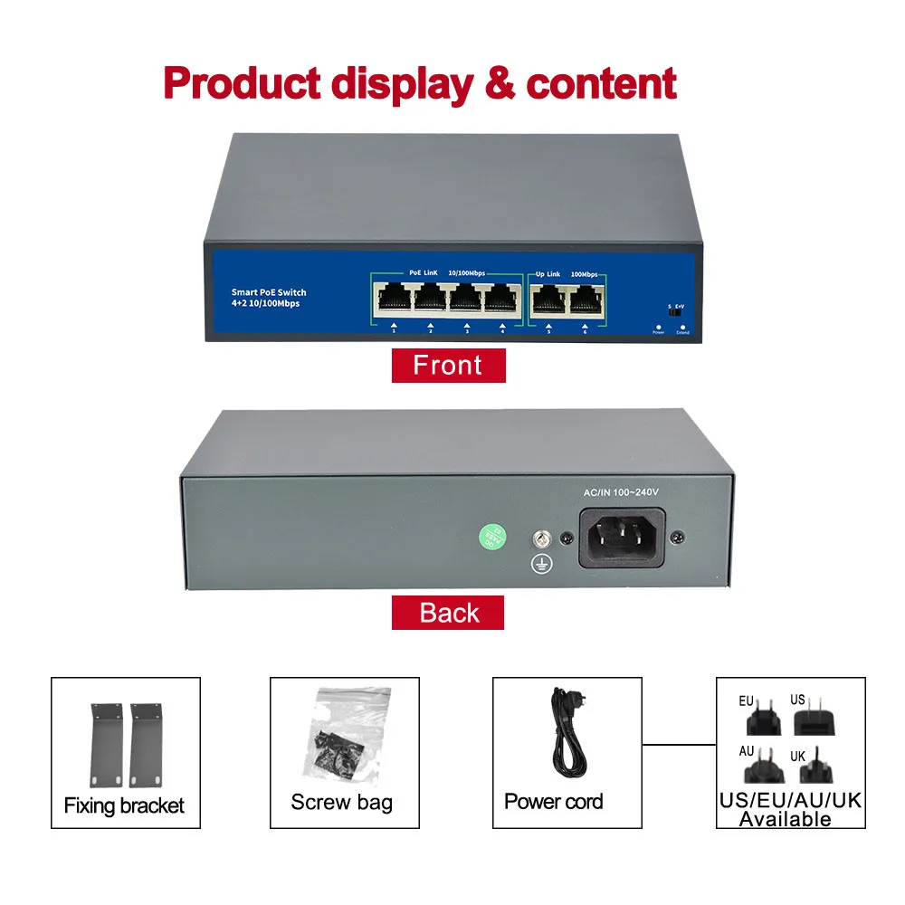 Стандартный 48V коммутатор питания через Ethernet 4CH 78 Вт 8CH 120W Мощность over Ethernet 10/100 Мбит/с 250 м 15,4 W/30 W IEEE 802,3 af/at для ip-камера WirelessAP