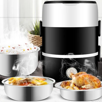 

2 3 Layer Stainless Steel Electric Heating Lunch Box 1.3L 2L Large Food Warmer Container Black Steamer Rice Cooker For Household