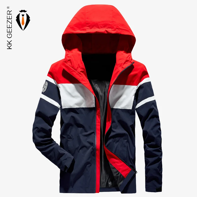 

Mens Jackets Spring Autumn 2019 Breathable Street Fashion Patchwork Waterproof Coat Blue Casual Hooded Male Jacket Windbreaker