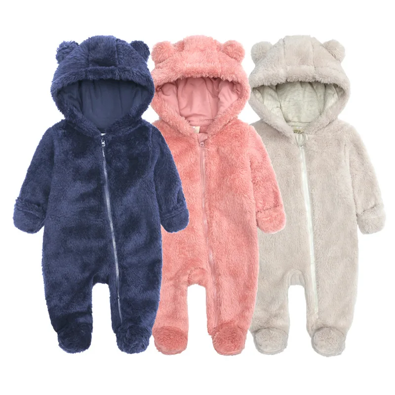 Baby Romper Solid Flannel Thicken Winter Unisex Baby Boy Clothes Polyester Hooded Newborn Baby Girl Clothes Zipper Ropa Bebe cute baby bodysuits