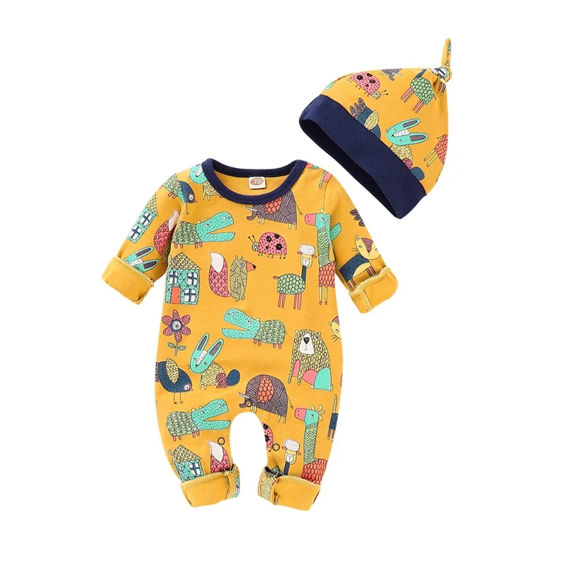 

Baby Clothes Autumn Cotton Cartoon Pattern Infant Long Sleeve Jumpsuit+Hat Newborn Romper Set
