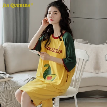 

Night Gown Home Dress Long Shirt Avocado Printing Crew Neck Night Wear Summer Woman Clothes Patchwork Nighty Nighties for Woman