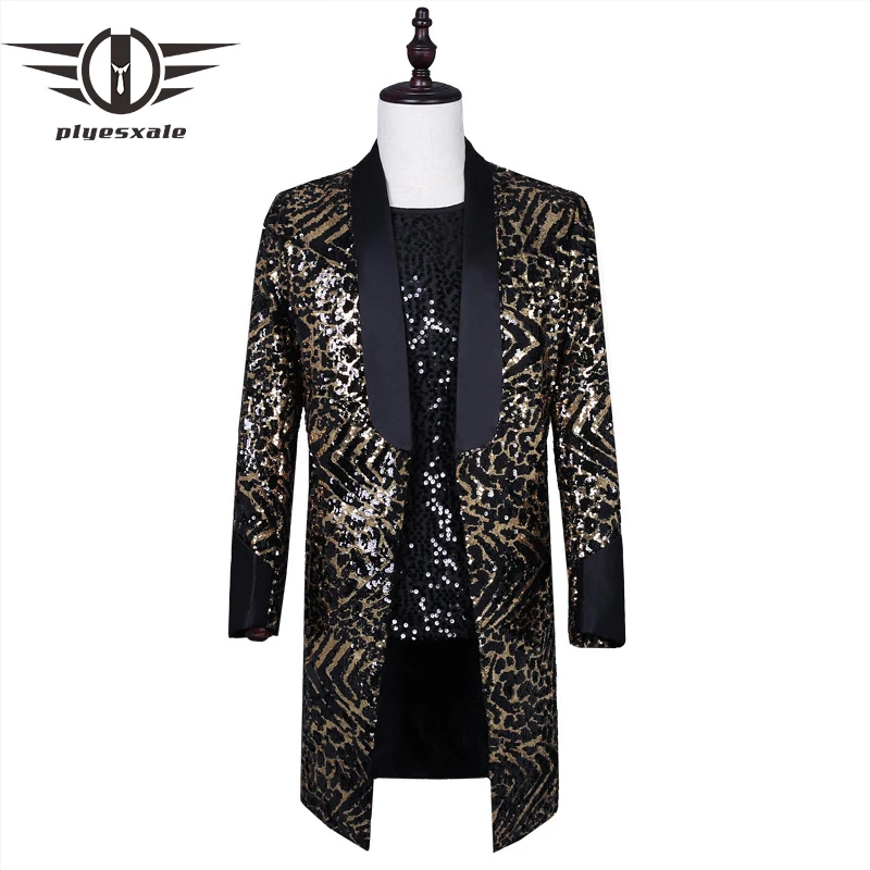 

Leopard Sequin Men Blazer Jacket New Arrival Elegant Mens Long Blazers DJ Bar Night Club Rock Costume Prom Stage Blazers Q847