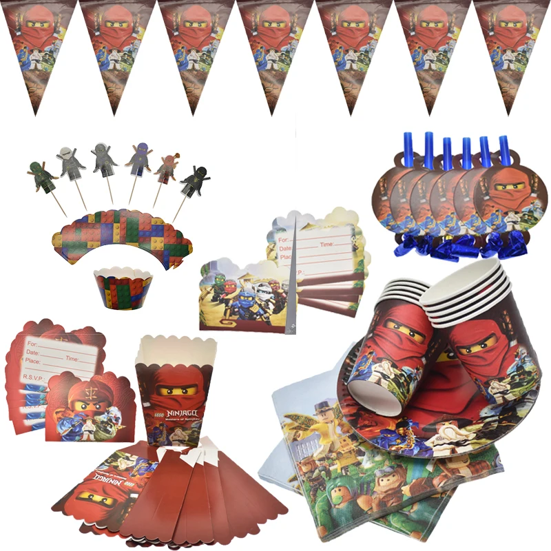 Ninjago тематические вечерние украшения, посуда ниндзя, бумажные кружки, тарелки, салфетки, детские воздушные шары для вечеринки на день рождения