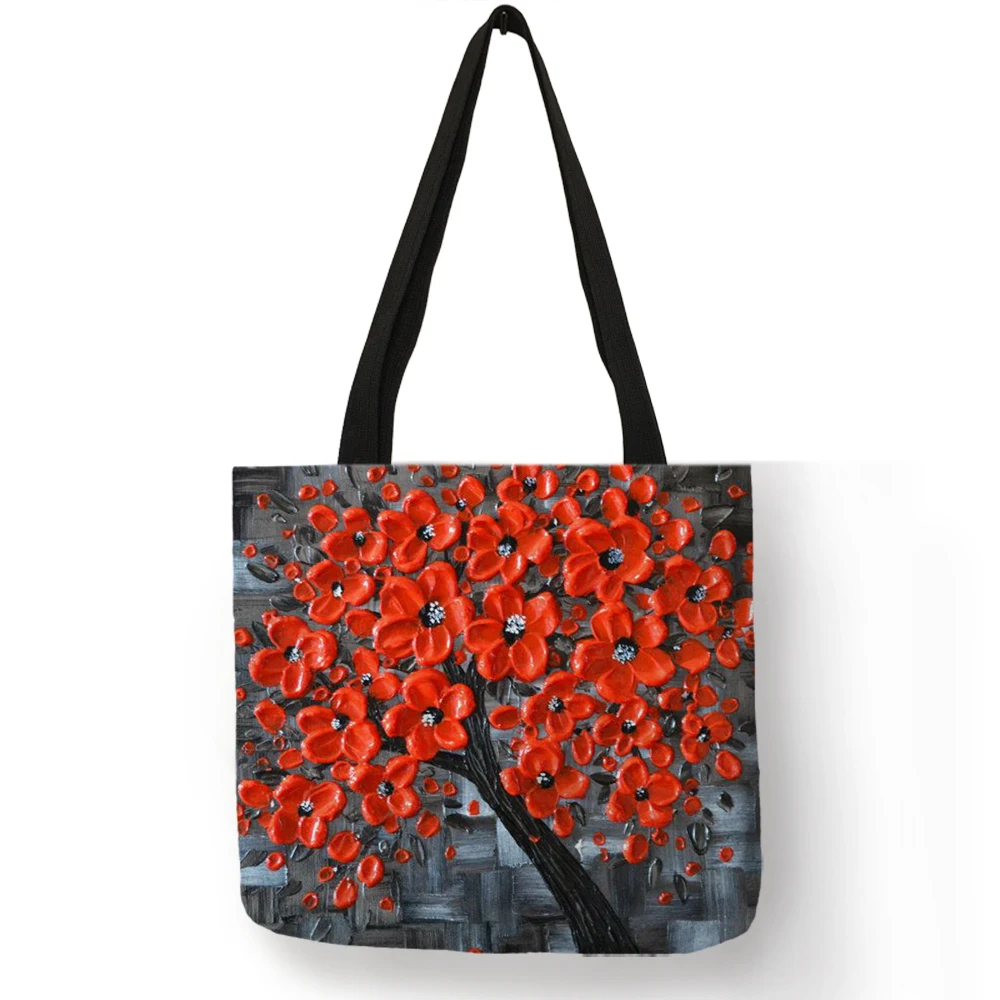 Customized Cherry Blossom Oil Paint Tote Bag For Women Lady Elegant Handbags Reusable Linen Shopping Bags Double Side Print 