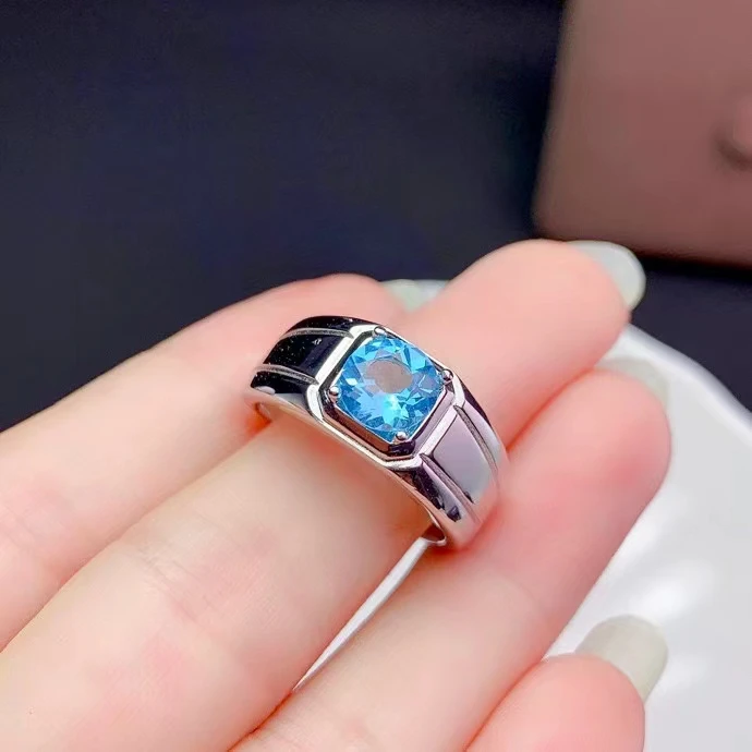 Newest Man Ring Muscular Character Natural Blue Topaz 7x7mm Size