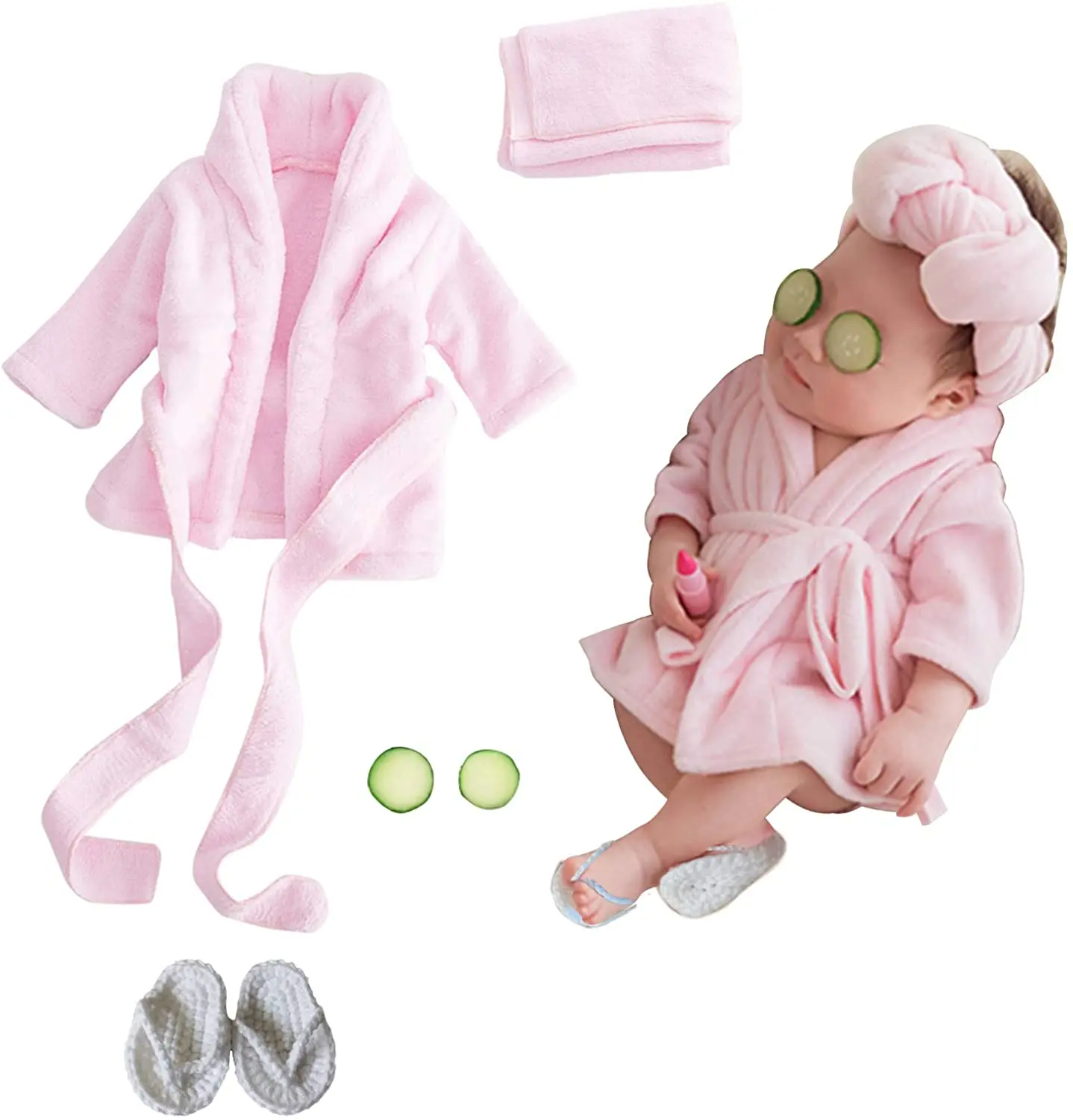 Newborn Photography Props Baby Girl 5 PCS Bathrobes Bath Towel Outfit with Slippers Cucumber Photo for Infant Boys Girls | Детская