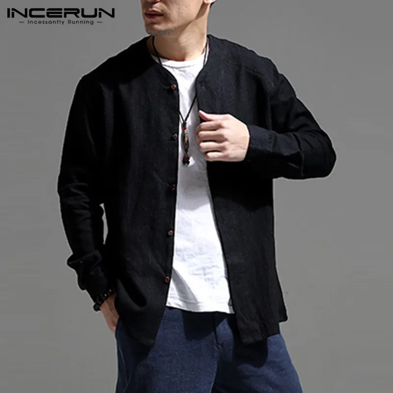 INCERUN Vintage Men Shirt Long Sleeve Retro Cotton Linen Button Chinese Style Casual Camisa Masculina V Neck Solid Shirts