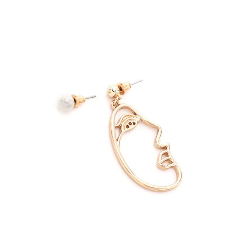 Gold Color Metal Hollow Geometric Abstract Face Asymmetric Pearl Drop Earrings Fashion Simple Statement For Women Party | Украшения и