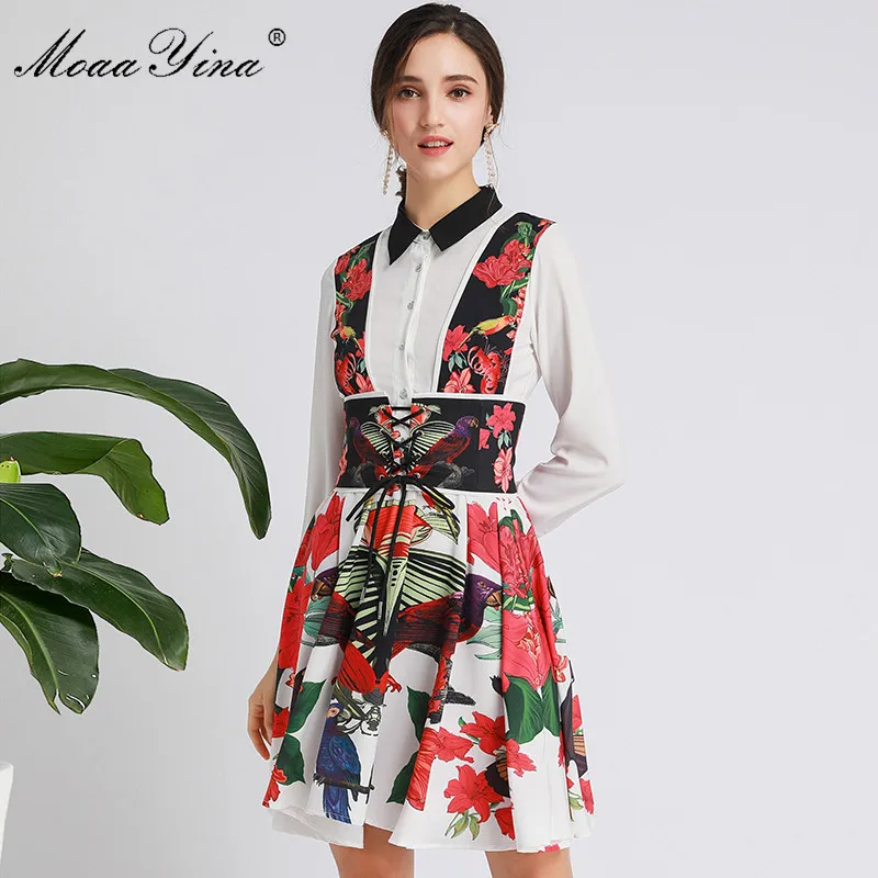 

MoaaYina Fashion Designer dress Spring Autumn Women's Dress Girdle Floral-Print Elegant Dresses