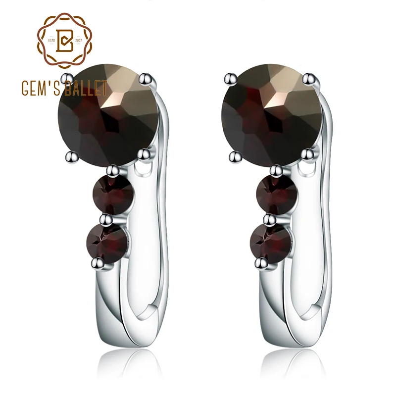 Gem's Ballet 2.48Ct Natural Three Round Black Garnet Gemstone Clip Earrings 925 Sterling Silver Earrings Fine Jewelry For Women