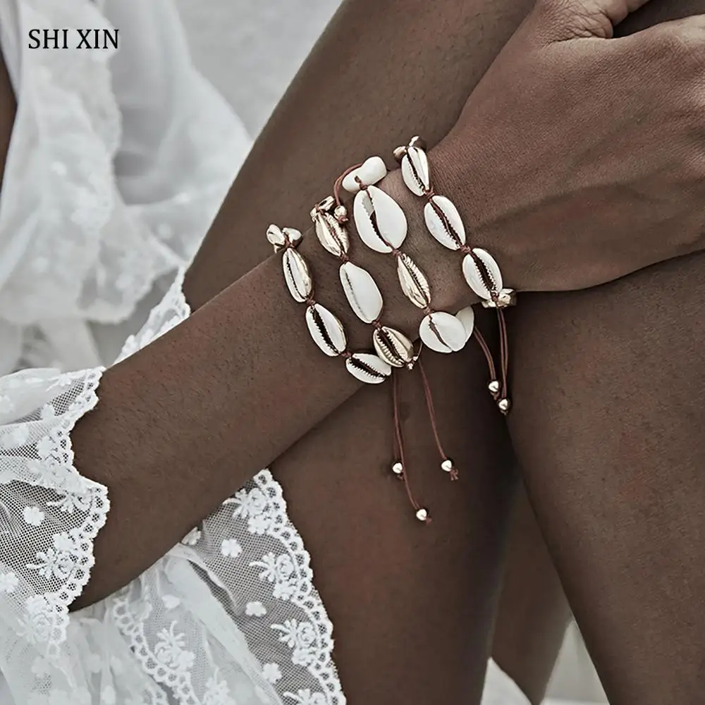 SHIXIN 4 Pcs Sea Shell Bracelets for Women Adjustable Rope Bracelet With Seashell Beads Hand Chain Fashion Summer Bracelets Set