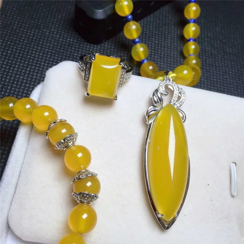LETSFUN Fine Jewelry 925 Серебро инкрустированные натуральный халцедон желтый кулон ожерелье кольцо браслет набор подарки